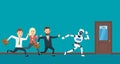 Business people and robot humanoid run to door. search job concept