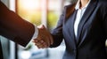 business people shaking hands, business woman shake hand after committed a good deal with smile, ai generated Royalty Free Stock Photo