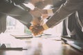 Business people shaking hands after finishing up a meeting. Businessman handshaking after conference. teamwork, partnership, coll Royalty Free Stock Photo