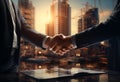 business people shaking hands in front of business building business people shaking hands in the officebusiness people shaking Royalty Free Stock Photo