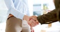 Business people, shaking hands and job interview for Human Resources meeting, welcome and partnership or deal