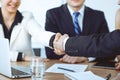 Business people shaking hands at meeting or negotiation in the office. Handshake concept. Partners are satisfied because Royalty Free Stock Photo