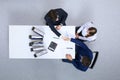 Business people shaking hands at meeting, view from above. Bookkeeper or financial inspector making report, calculatin Royalty Free Stock Photo