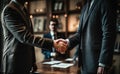 Business handshake, office background, close up, generative AI Royalty Free Stock Photo