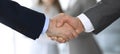Business people shaking hands while standing with colleagues after meeting or negotiation, close-up. Group of unknown Royalty Free Stock Photo