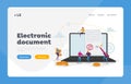 Business People Sign Official Paper Formal Agreement Landing Page Template Tiny Characters Signing Electronic Document