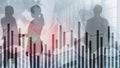 Business people silhouettes with forex chart on blurry city background. Teamwork, finance and success concept. Mixed Royalty Free Stock Photo