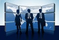 Business people silhouettes world map monitors Royalty Free Stock Photo