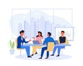 Business people sitting around table with city background. Team group of men and woman talking with leader. Teamwork Royalty Free Stock Photo