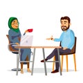 Business People Sitting At The Table Vector. Modern Office. Laughing Friends, Office Colleagues Bearded Man And Muslim Royalty Free Stock Photo