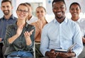 Business people, smile and applause for workshop training, conference or presentation at the office. Group of happy Royalty Free Stock Photo