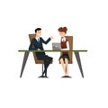 Business people smiling and talking at the laptop at meeting, coworking people characters vector Illustration isolated