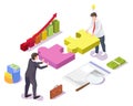 Business people solving jigsaw puzzle, vector isometric illustration. Teamwork, cooperation, partnership, strategy. Royalty Free Stock Photo