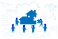 Business people solving puzzle making house building home kit concept teamwork working process horizontal sketch doodle