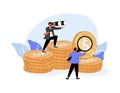 Business people with stacks of gold coins. Man holding spyglass, woman with binoculars flat vector illustration Finances