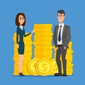 Business people stand near a pile of coins concept