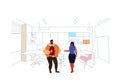 Business people standing coworking space couple man woman colleagues brainstorming modern office interior creative