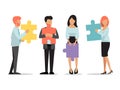 Business people standing and holding puzzle pieces. Teamwork business concept of unity and partnership vector
