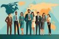 business people standing in line against a background with world map. Generative AI Royalty Free Stock Photo