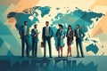 business people standing in line against a background with world map. Generative AI Royalty Free Stock Photo