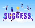 Business people success, vector illustration. Happy business people jumping over clouds at sky. Career achievement goal Royalty Free Stock Photo