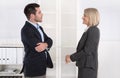 Business people in suit and dress talking together: small talk. Royalty Free Stock Photo