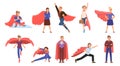 Business people superhero. Strong person, adult superheroes winning team. Woman and man in red capes, businessman wear Royalty Free Stock Photo