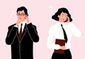 Business people talking phone. Question characters, seriously deal work. Man woman wear classic clothes vector Royalty Free Stock Photo