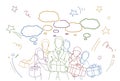 Business People Team Holding Gift Boxes Over Doodle Abstract Background Successful Group Of Businesspeople Award Concept