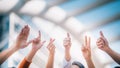 Business people team show finger symbol on blurred city background