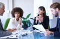 Business people, teamwork or documents with discussion in conference room for corporate planning or financial feedback Royalty Free Stock Photo