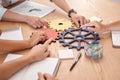 Business people, teamwork and gears, solution and collaboration, planning or ideas, goals and puzzle innovation at Royalty Free Stock Photo