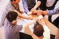 Business People Teamwork Meeting joining hands in office concept, Using Ideas, Charts, Computers, Tablet, Smart devices on busines Royalty Free Stock Photo