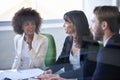 Business people, teamwork and planning with discussion in meeting for corporate strategy, documents and diversity Royalty Free Stock Photo