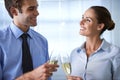 Business people, toast and champagne drinks for office celebration, staff party and event. Happy man, woman and Royalty Free Stock Photo