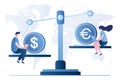 Business people or traders with laptops sitting on scales with dollar coin and euro coin