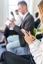 Business people use devices at conference room. Business People Meeting Corporate Digital Device Connection Concept Royalty Free Stock Photo