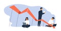 Business people use laptop with arrow point downwards vector flat illustration. Global financial crisis, recession and