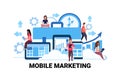 Business people using gadgets mobile marketing e-commerce internet advertising promotion concept man woman teamwork