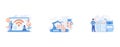 Business people using laptop and smartphone with WiFi connection, Robot substituting human working with boxes on conveyor belt and