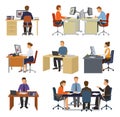 Business people vector professional workers sitting at table with laptop or computer in office illustration set of