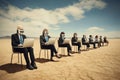 Business People with Virtual Reality Headset Sitting in the Dried Out Desert, business people sitting on the chairs in a row with