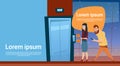 Business People Waiting Elevator, Businesswoman And Businessman Use Cell Smart Phone Surfing Internet Online Banner With