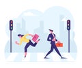 Business People Walking at Town Street along Road Crosswalk with Traffic Lights in City Center. Woman with Briefcase Royalty Free Stock Photo