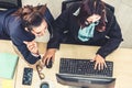 Business people wearing headset shot from top view Royalty Free Stock Photo