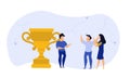 Business people winner prize customer vector illustration employee. Man and woman celebration first quality rank. Office people