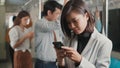 Business people woman and man standing on the subway train in the morning Royalty Free Stock Photo