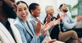 Business people, woman and team applause in conference, tradeshow and support feedback of success. Happy employees Royalty Free Stock Photo