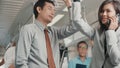 Business people woman and man standing on the subway train in the morning during going to work Royalty Free Stock Photo