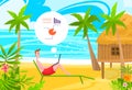 Business people work on beach flat vector illustration, cartoon businessman freelancer character sunbathing, working